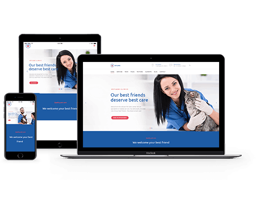 Veterinary website displayed on desktop, tablet and phone